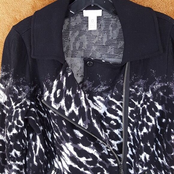 CHICOS Womens Sweater 0 Small Black Leopard Zip Up Moto Ombre Colorblock Knit - Picture 3 of 6